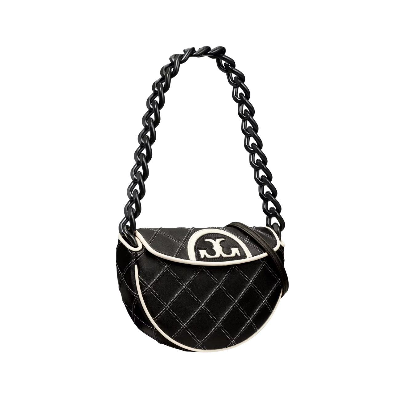 Image of Tory Burch Mini Fleming Soft Crescent Bag with a diamond pattern stitch