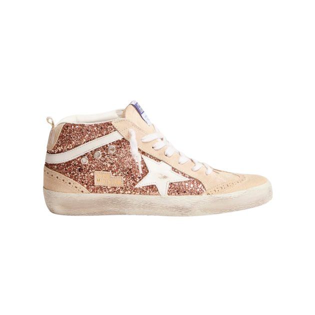 Rose gold glitter mid top sneaker with pink suede details