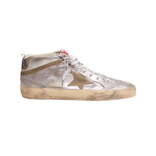 Silver laminated mid top sneakers with logo details at tongue and heel tabs