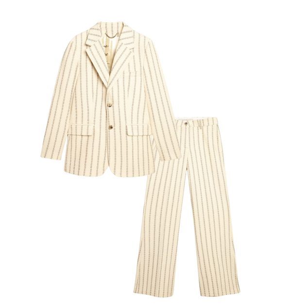 Ivory striped single-breasted blazer and matching flared pant set