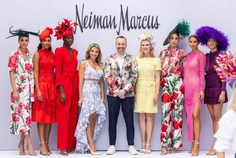A variety of images showcasing the annual Pegasus World Cup “Off To The Races” fashion show. Images include guests in attendance, models walking the runway in looks from Neiman Marcus, and overall event atmosphere.