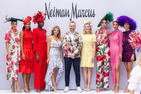 A variety of images showcasing the annual Pegasus World Cup “Off To The Races” fashion show. Images include guests in attendance, models walking the runway in looks from Neiman Marcus, and overall event atmosphere.