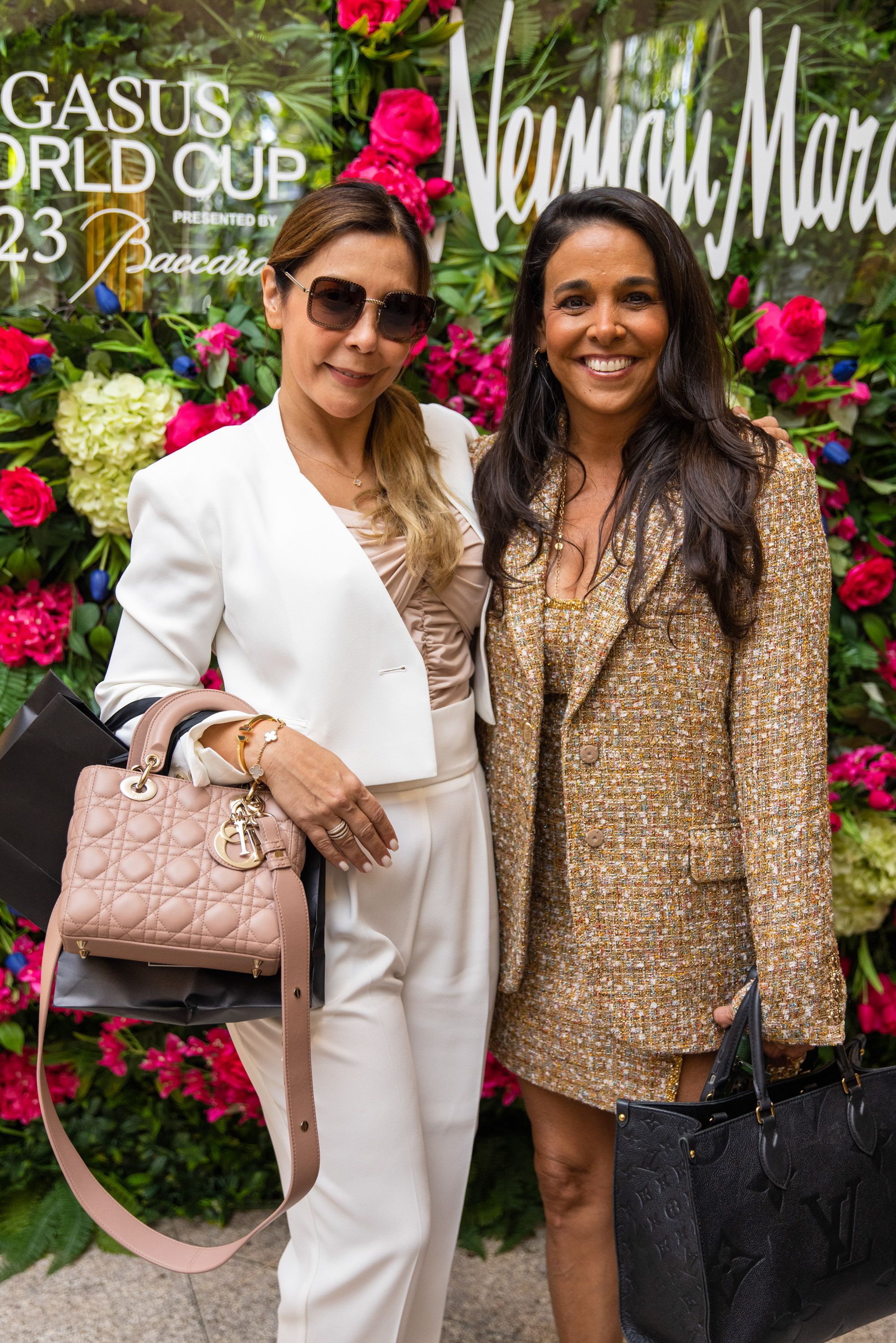 A variety of images showcasing the annual Pegasus World Cup “Off To The Races” fashion show. Images include guests in attendance, models walking the runway in looks from Neiman Marcus, and overall event atmosphere.