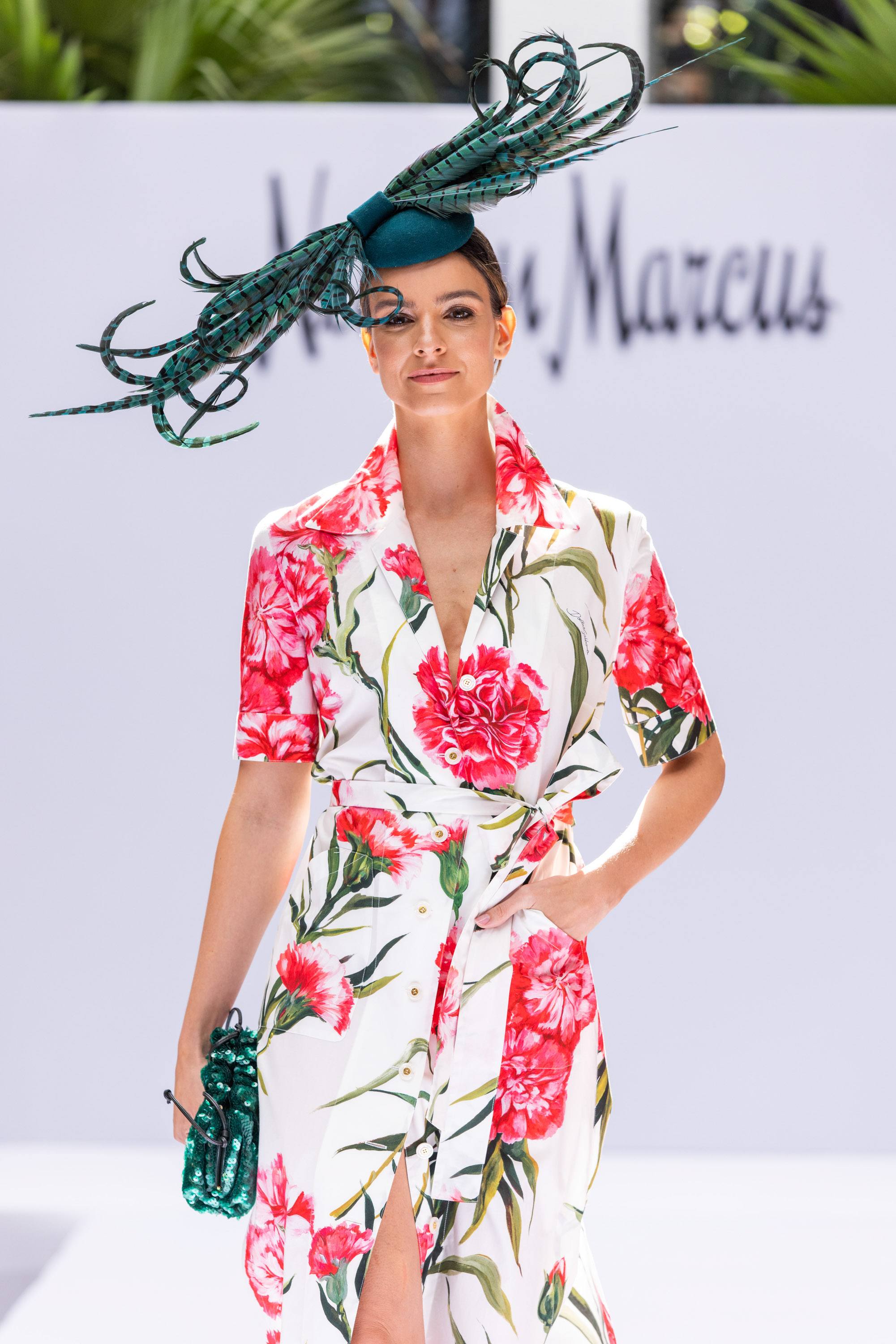 A variety of images showcasing the annual Pegasus World Cup “Off To The Races” fashion show. Images include guests in attendance, models walking the runway in looks from Neiman Marcus, and overall event atmosphere.