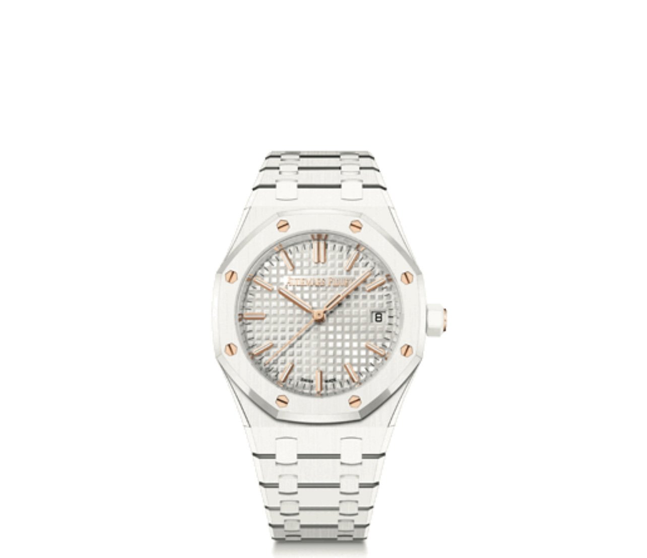 White ceramic Audemars Piguet watch with rose gold and silver detailing