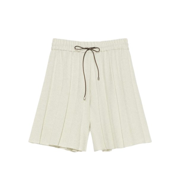White pleated linen drawstring shorts