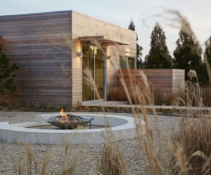 A firepit outside of the Shou Sugi Ban House in Watermill, New York