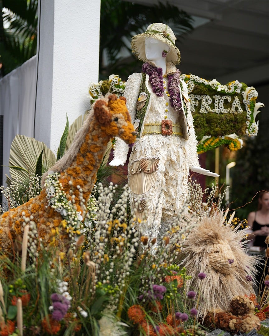 Voyager Karen Blixen inspired mannequin presented by Bal Harbour Shops and created by the soirée aesthetic and A Lavish Event Design