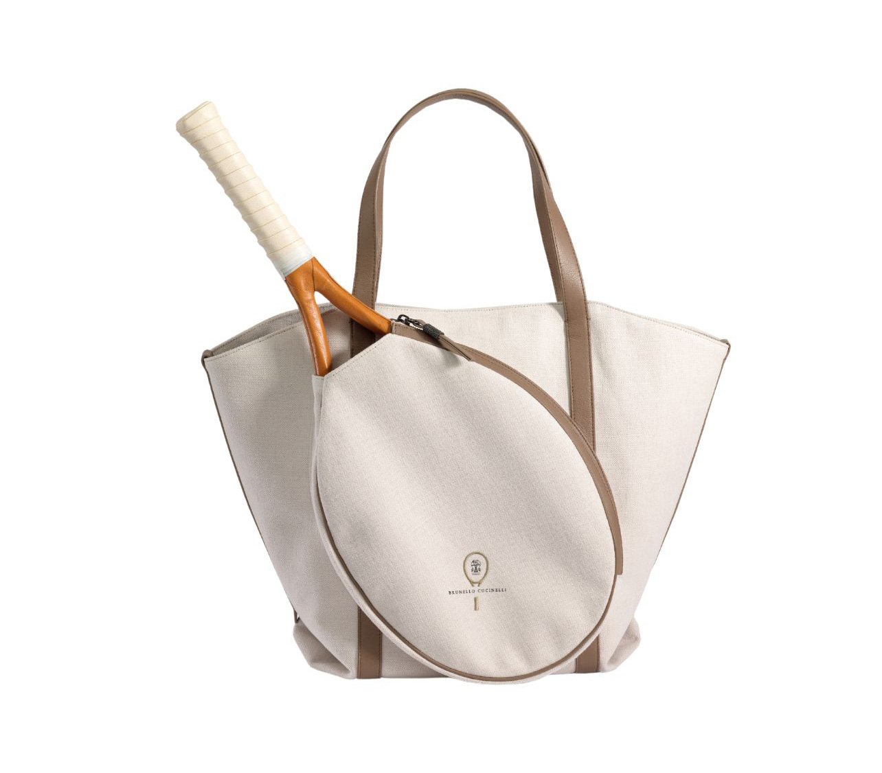 Brunello Cucinelli canvas and leather tennis tote bag with tennis racket