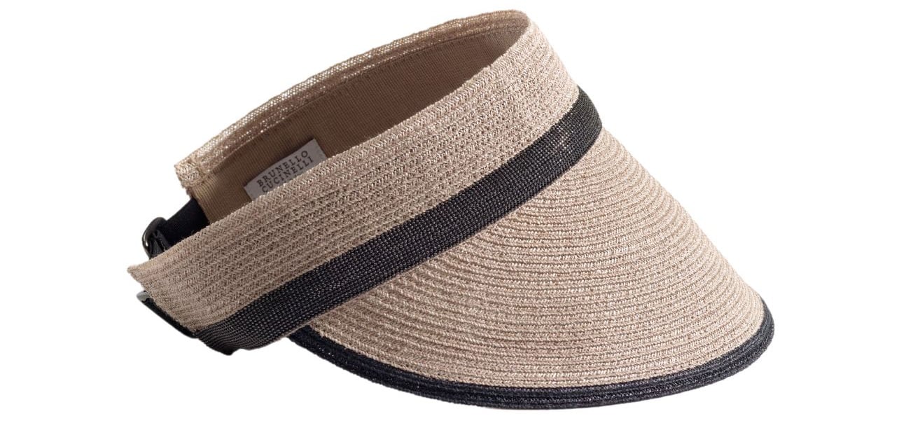 Brunello Cucinelli beige cotton textured visor with black band and rim