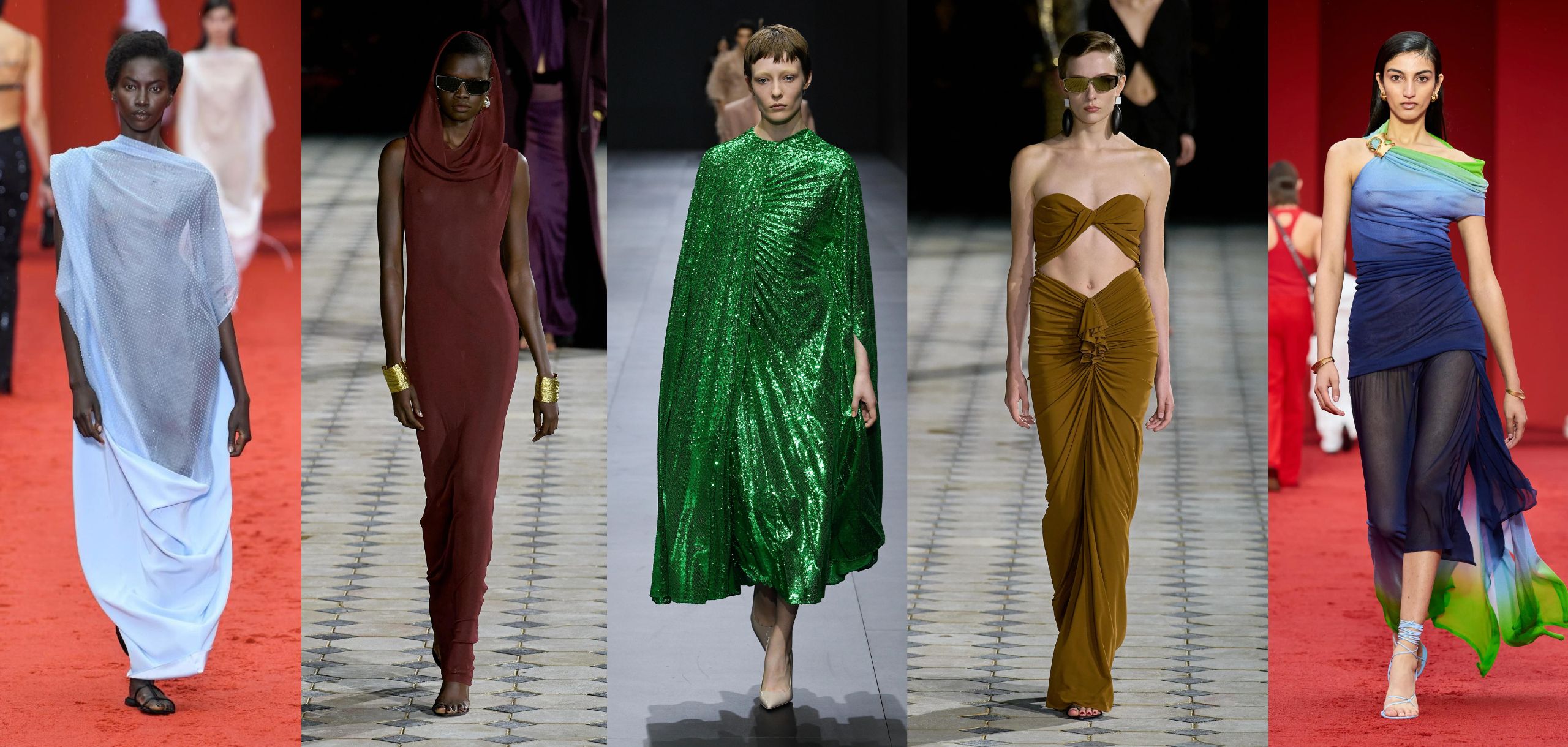 Collage of dresses on the runway from Valentino, Ferragamo, and Saint Laurent Spring/Summer 2023 collections