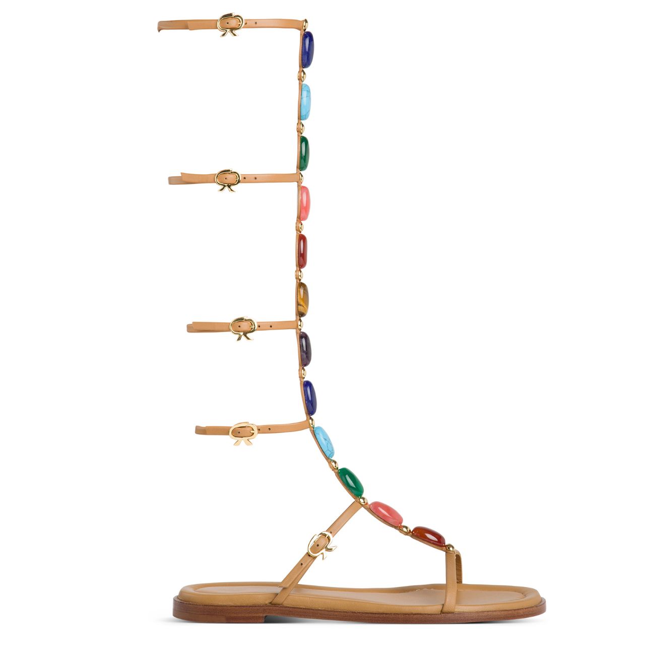 Flat knee-high gladiator sandal with natural cabochon stones