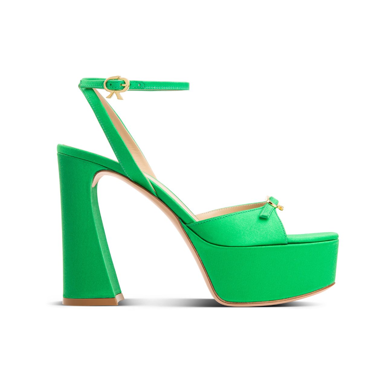 Green satin platform heels with ankle strap