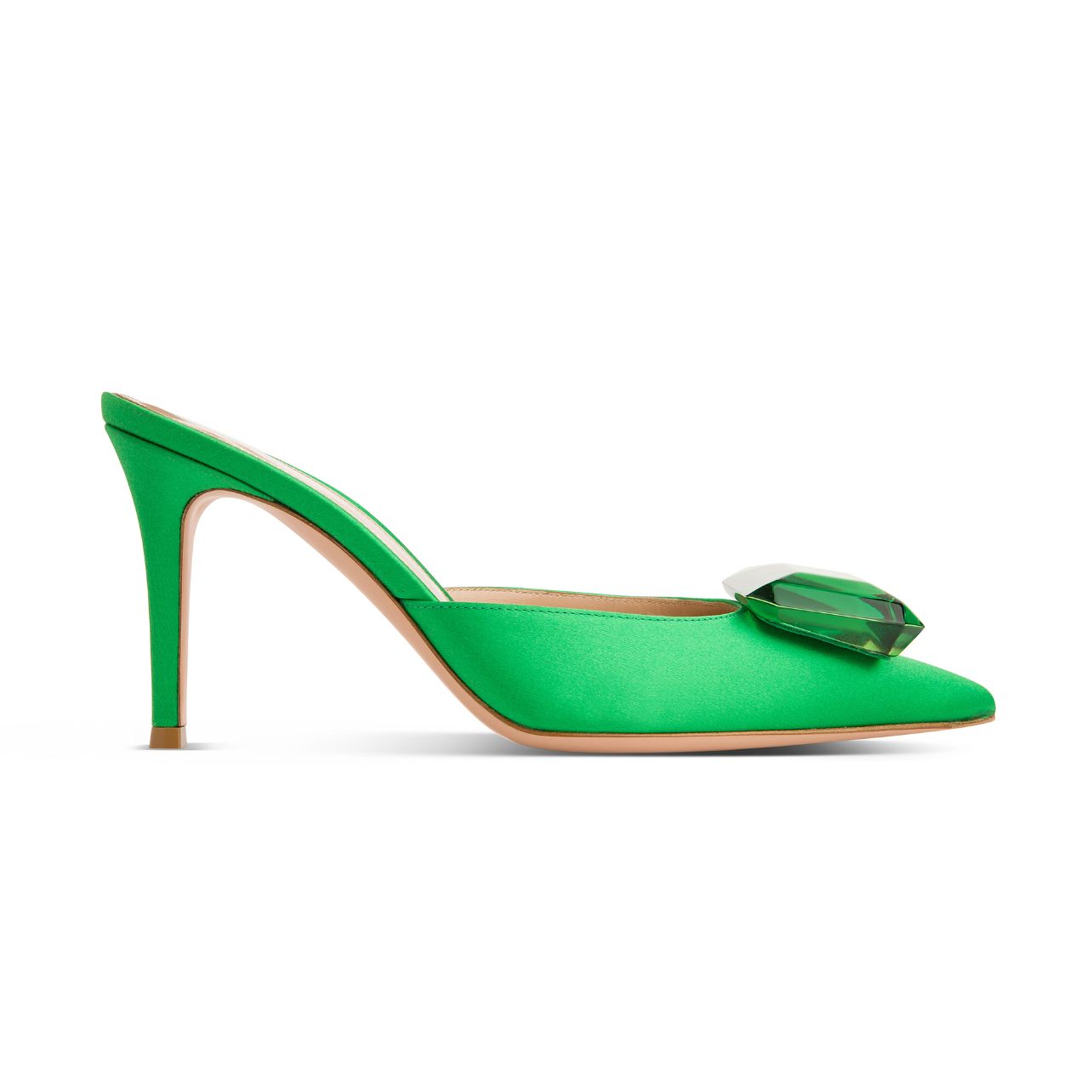 Green satin mule heels with an emerald cut gemstone
