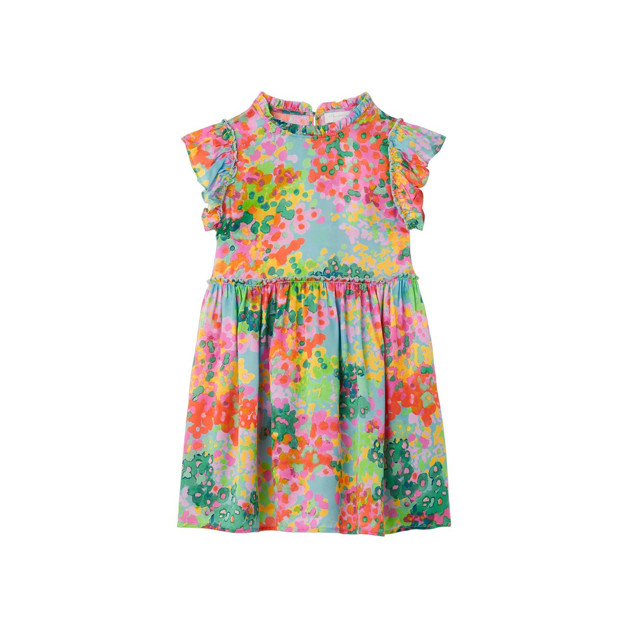 Floral print kid’s dress with ruffled shoulders