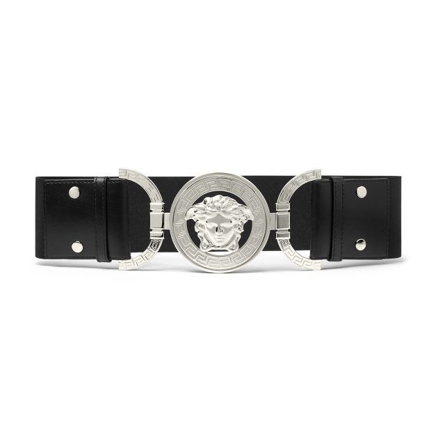 Black elasticized belt with Greca-engraved buckle closure, detailed with leather finishes