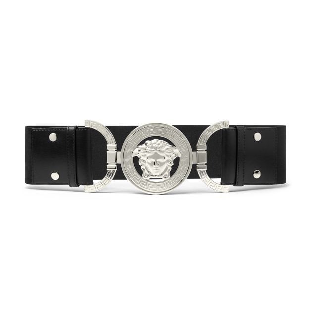 Black elasticized belt with Greca-engraved buckle closure, detailed with leather finishes