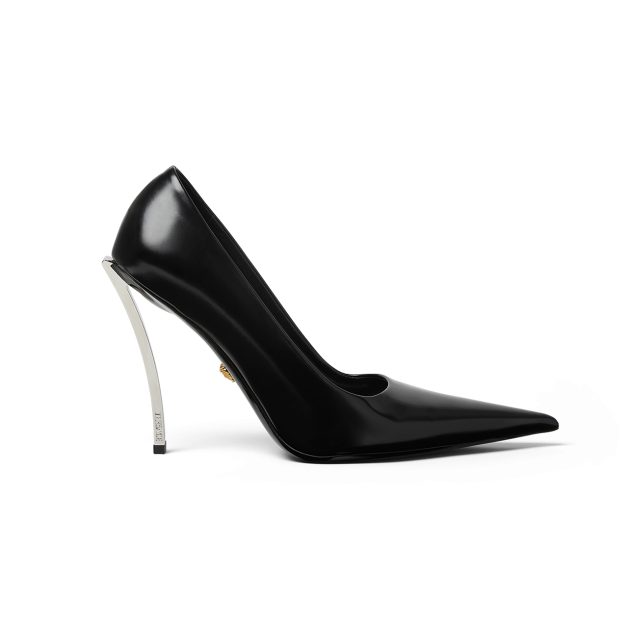 Black leather pumps with silver heel