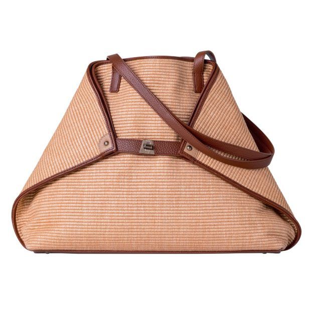 Medium raffia shoulder bag with brown leather trim