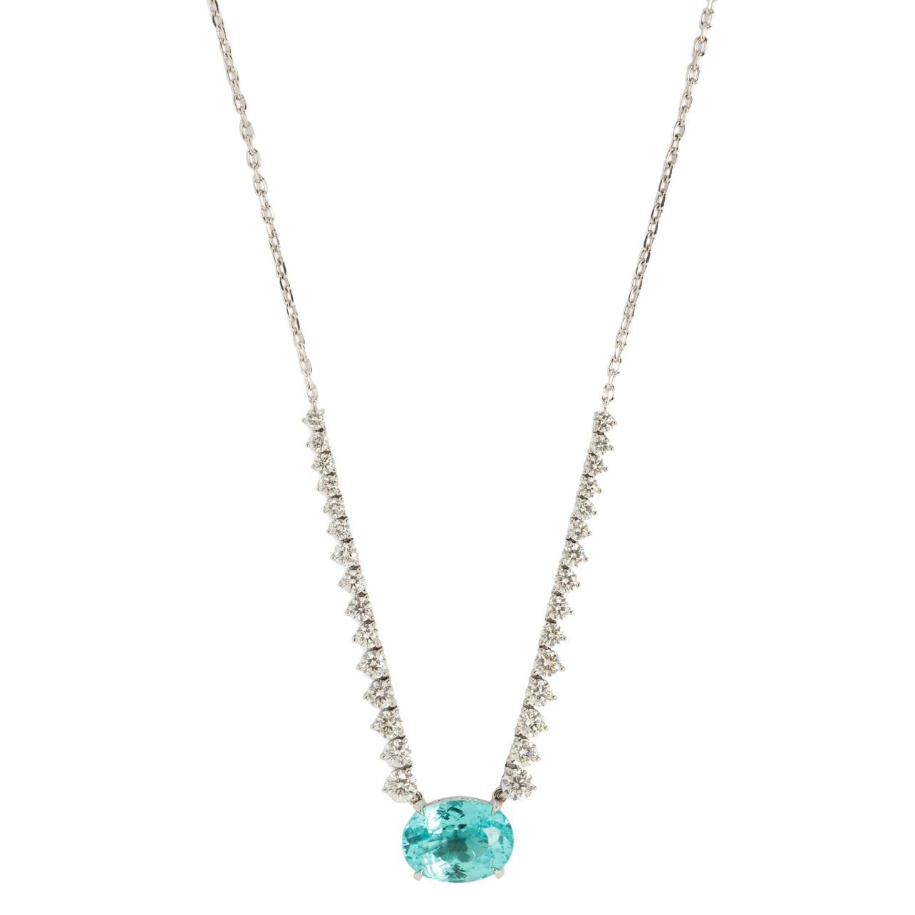 Paraiba tourmaline River Chain necklace with white diamonds in 18k white gold. Paraiba tourmaline with certificate.