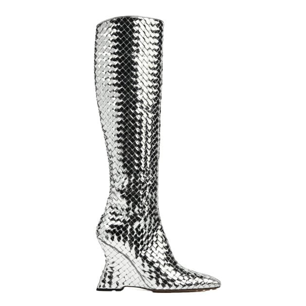 Bottega Veneta knee high silver woven leather boots
