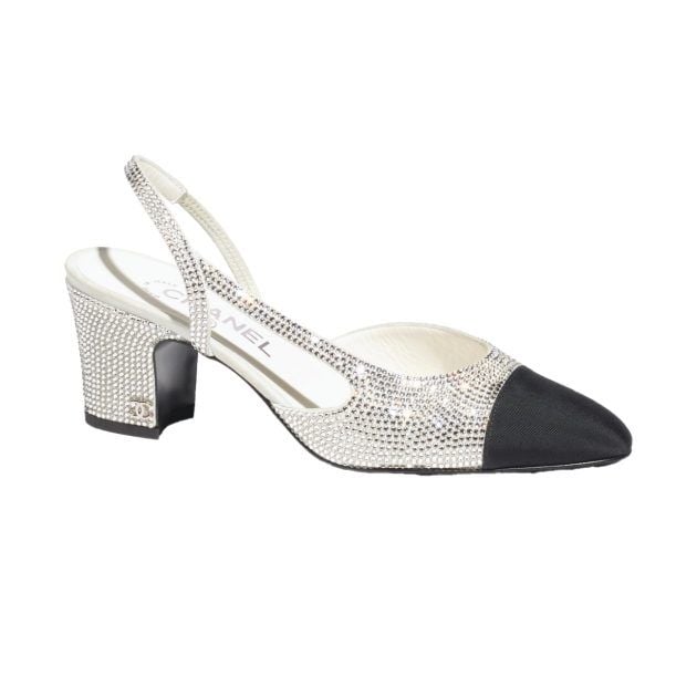 Chanel silver and black slingbacks with crystals