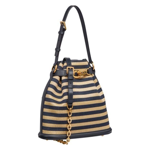 Black and tan striped medium c’est Dior bag with gold hardware and crossbody strap