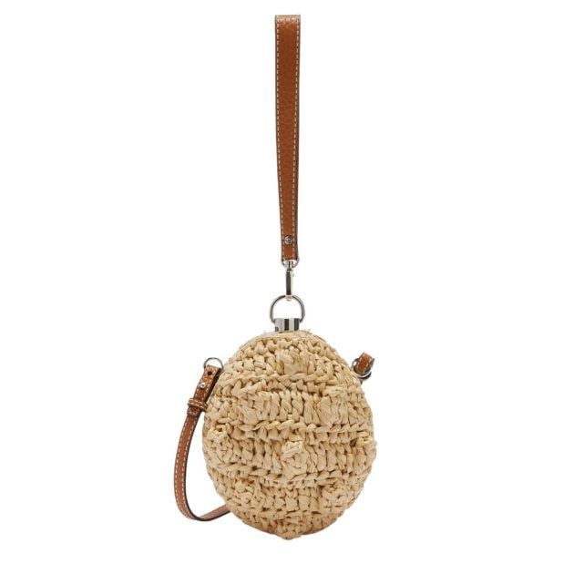 Crochet knit raffia bag in a sphere with a brown leather strap