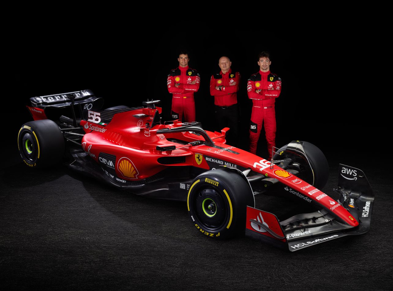 Portrait of Scuderia Ferrari’s team behind the 2023 Formula 1 SF-23 car