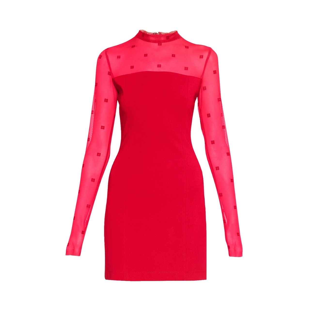 Red mock neck dress with mesh sleeves and 46 pattern