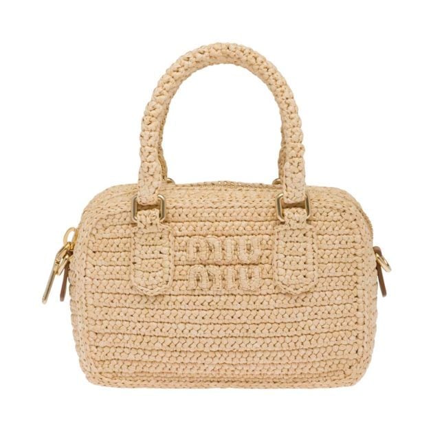 Miu Miu small raffia top-handle bag with logo