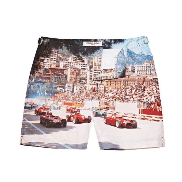 Orlebar Brown mid-length swim shorts with vintage racetrack allover print