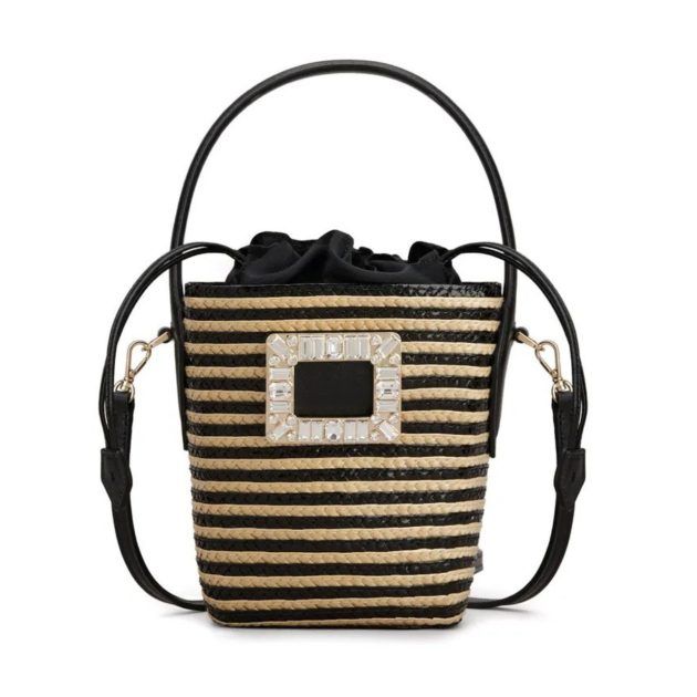 Black and tan striped raffia bucket bag with a Roger Vivier strass buckle