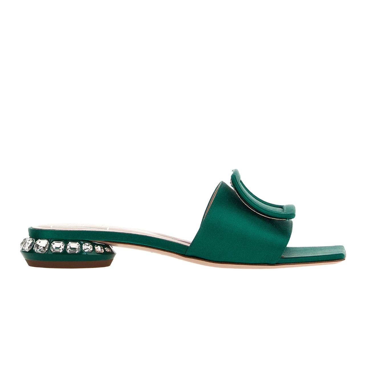 Emerald green Roger Vivier flat mule sandals with strass buckle and heel