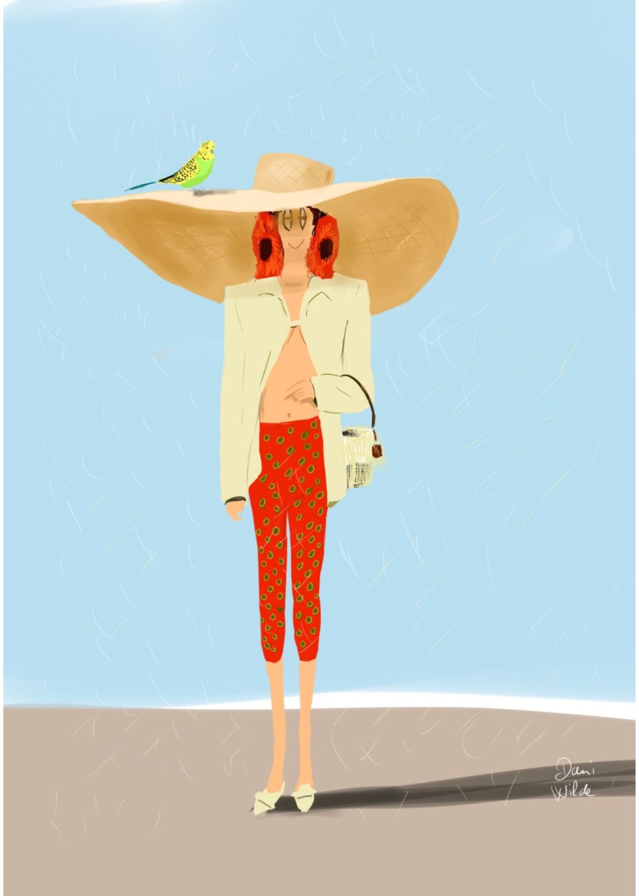 Dani Wilde Illustration of a woman wearing a large beach hat with a bird perched on the brim, red polka dot pants, and statement earrings