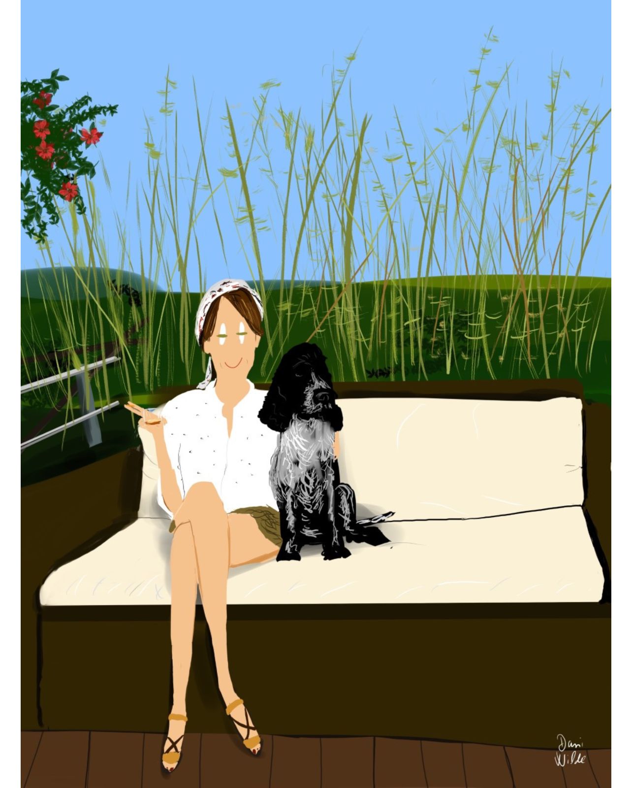 Dani Wilde Illustration of a woman on an outdoor couch wearing a white blouse with a black dog by her side