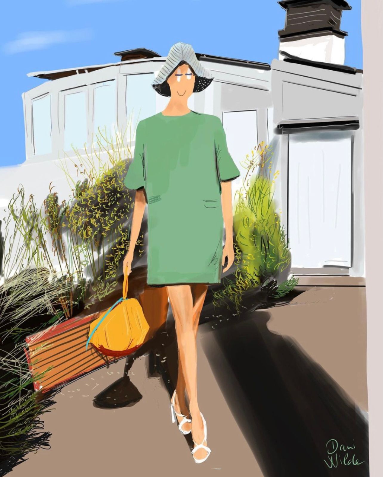 Dani Wilde Illustration of a woman outside wearing a green shirt dress, yellow bag, and white sandals