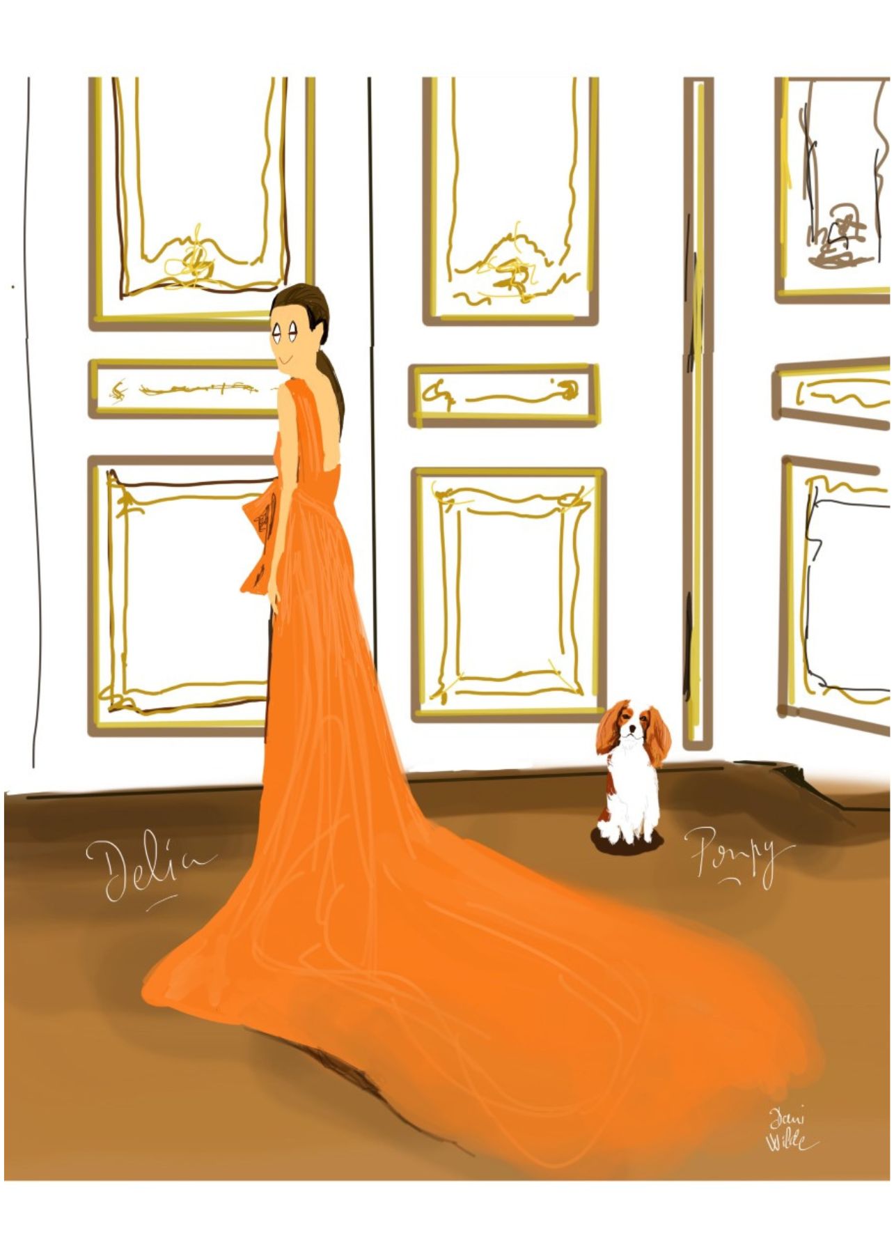 Dani Wilde Illustration of a woman in a gallery wearing a long orange open back gown with train