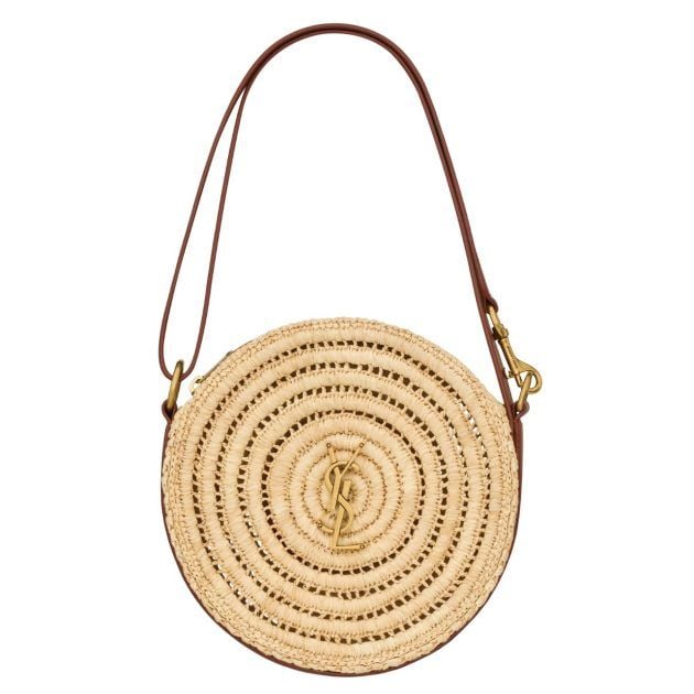 Round Saint Laurent raffia shoulder bag with brown leather strap