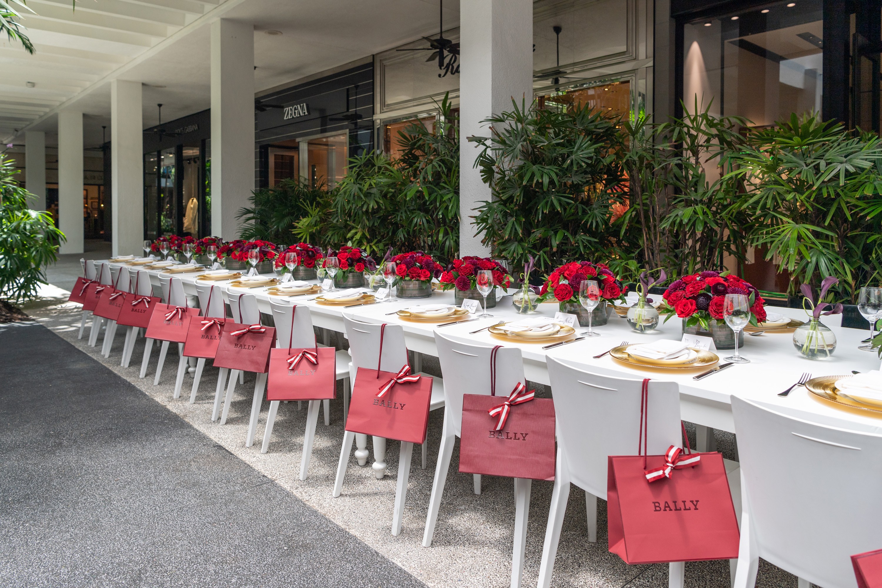 Tables adorned with roses for Bal Harbour Shops X Bally Luncheon