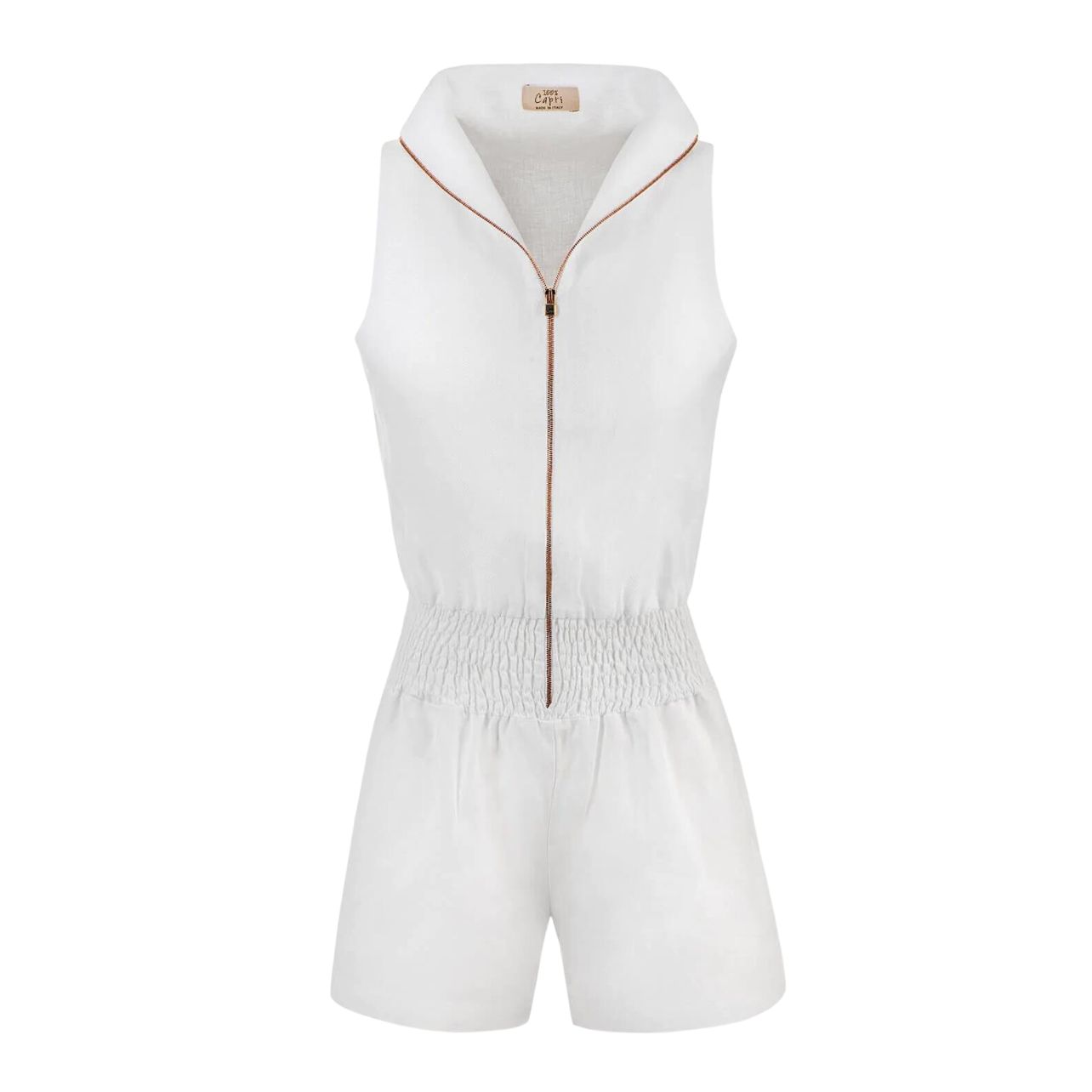 100% Capri white linen zip-front romper