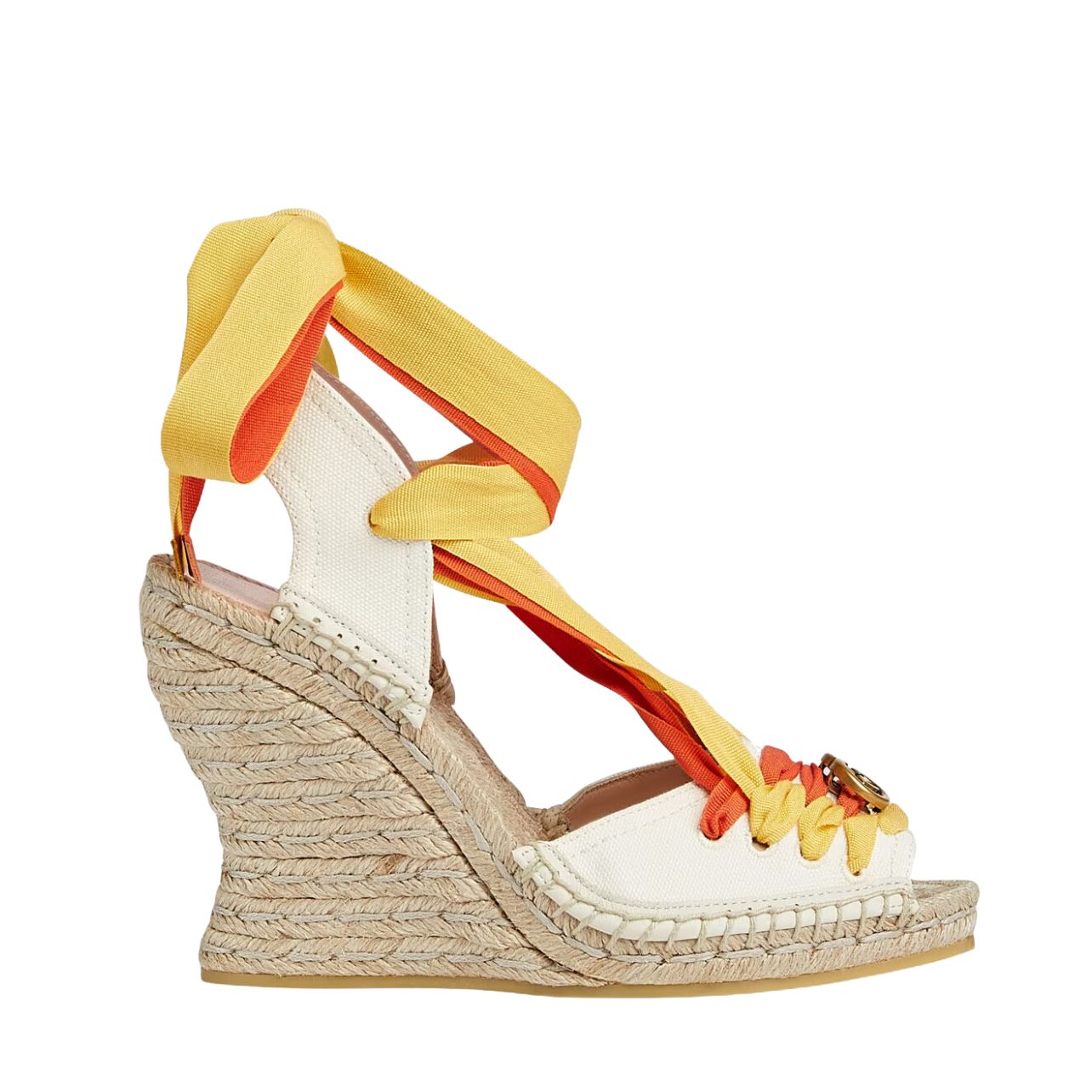 Gucci ivory canvas cord platform wedges with yellow orange bi-color ribbon