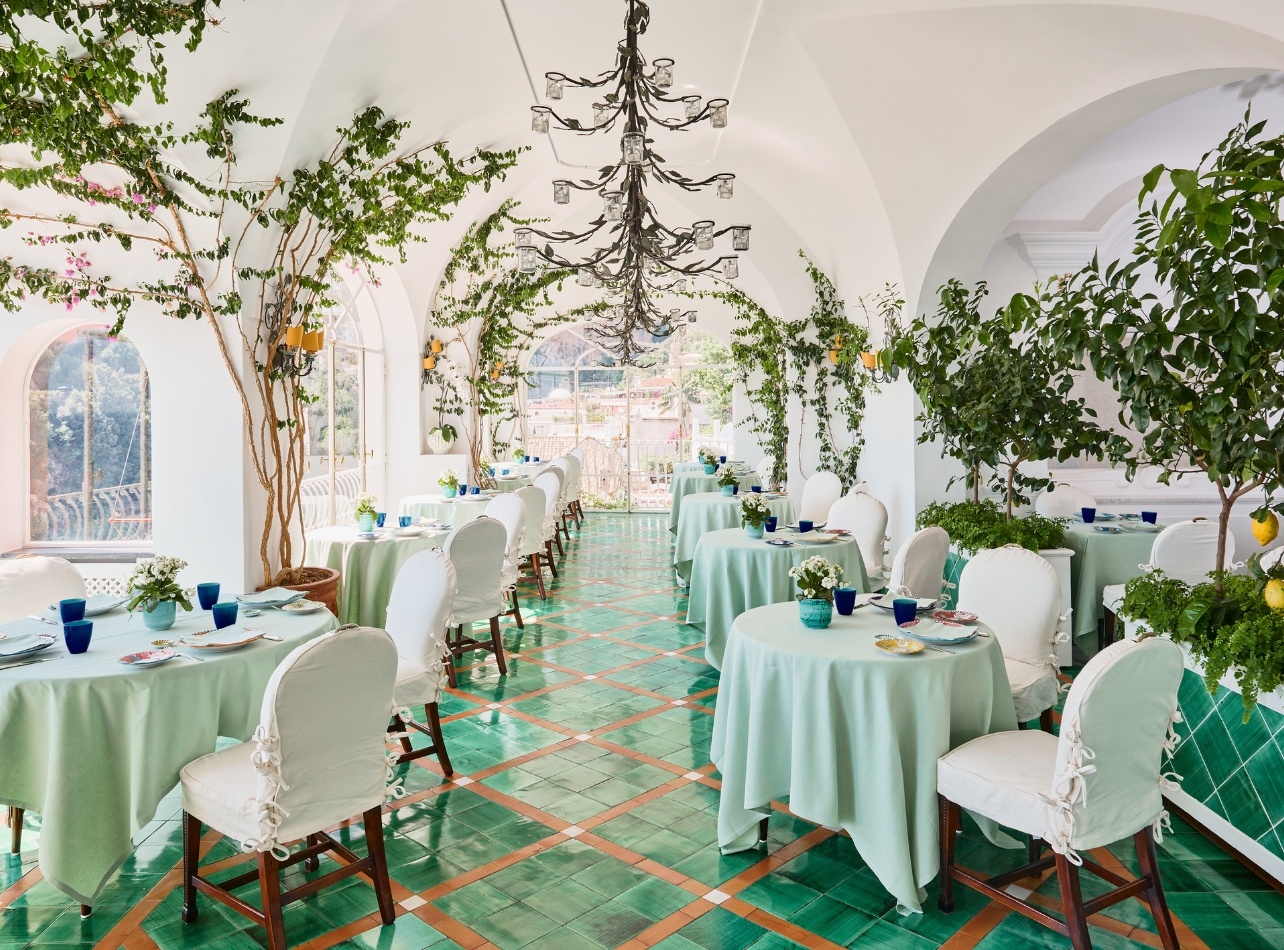 The interior of La Sponda restaurant at the Sirenuse hotel, Positano