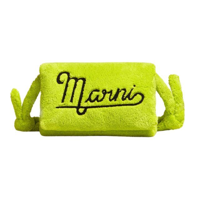Marni large neon green terrycloth bag with matching terry long strap