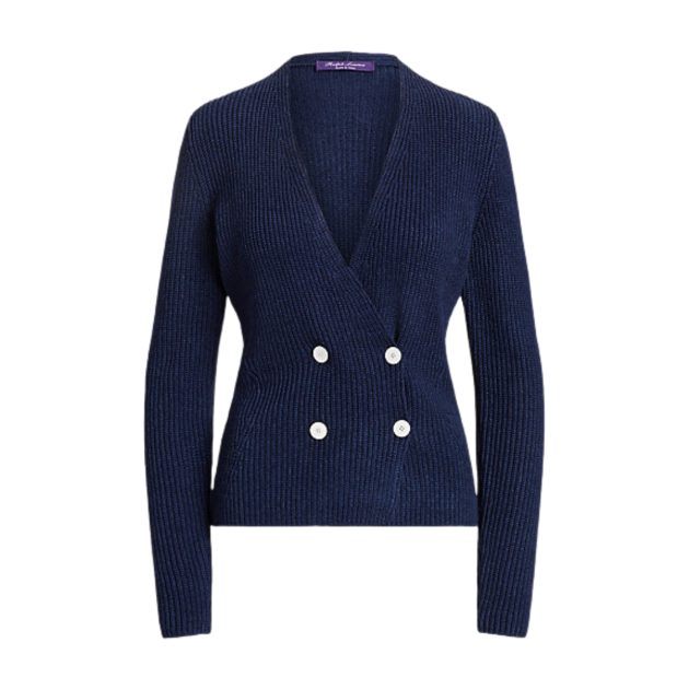 Navy-blue double-breasted cardigan sweater