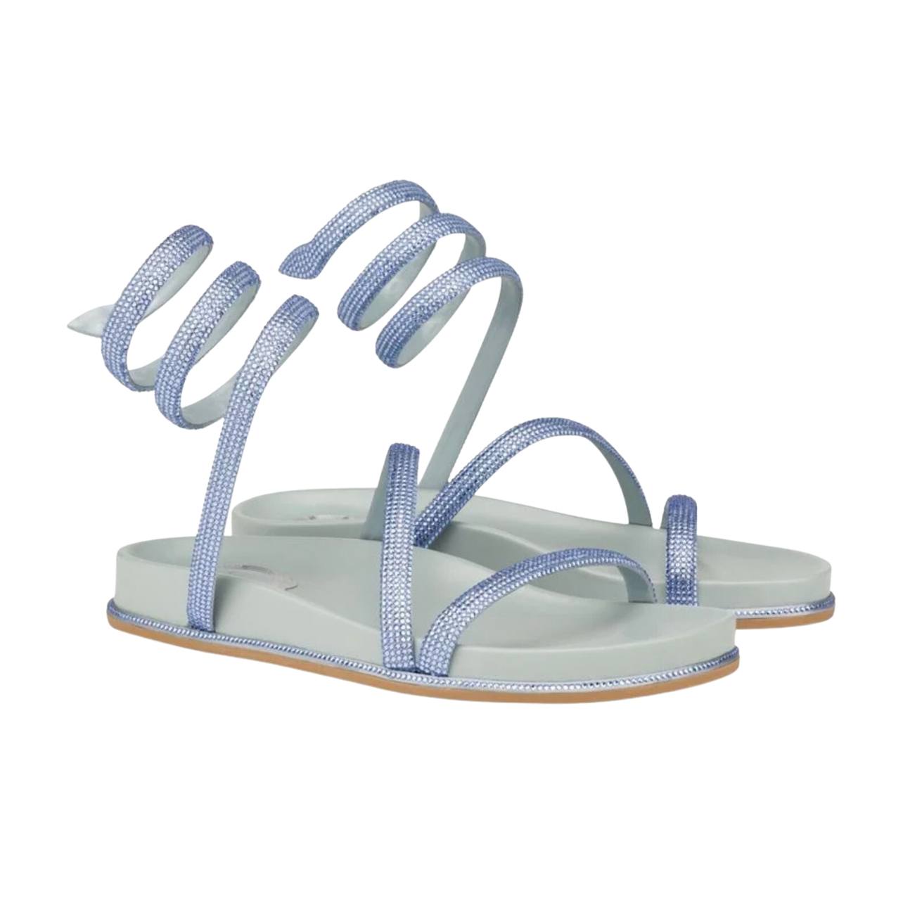 Blue flatform wrap-up sandal embellished with rhinestones