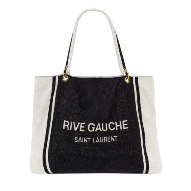 Black and white Saint Laurent Rive Gauche towel bag with removable handles and can be unfolded to be used as a towel