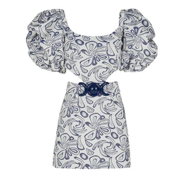 Silvia Tcherassi navy and white printed mini dress with cutouts and puffed short sleeves