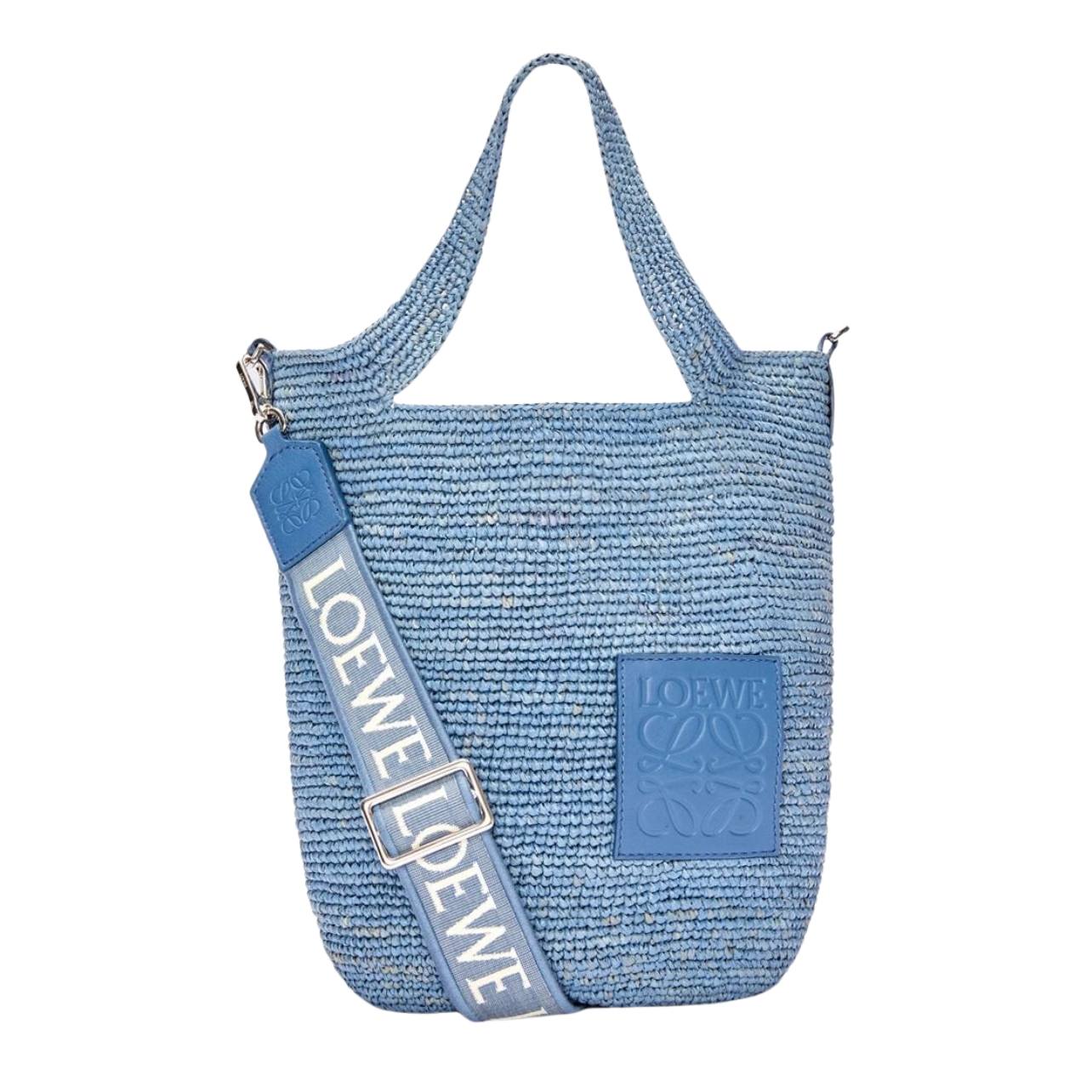 Loewe blue raffia mini tote-bag with house logo jacquard removable shoulder strap