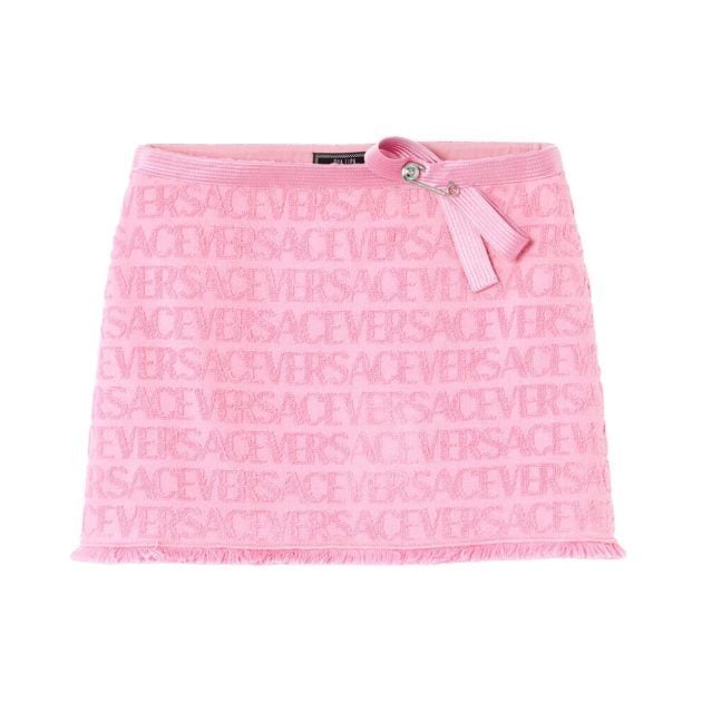 Versace allover pink terrycloth mini skirt with safety pin details